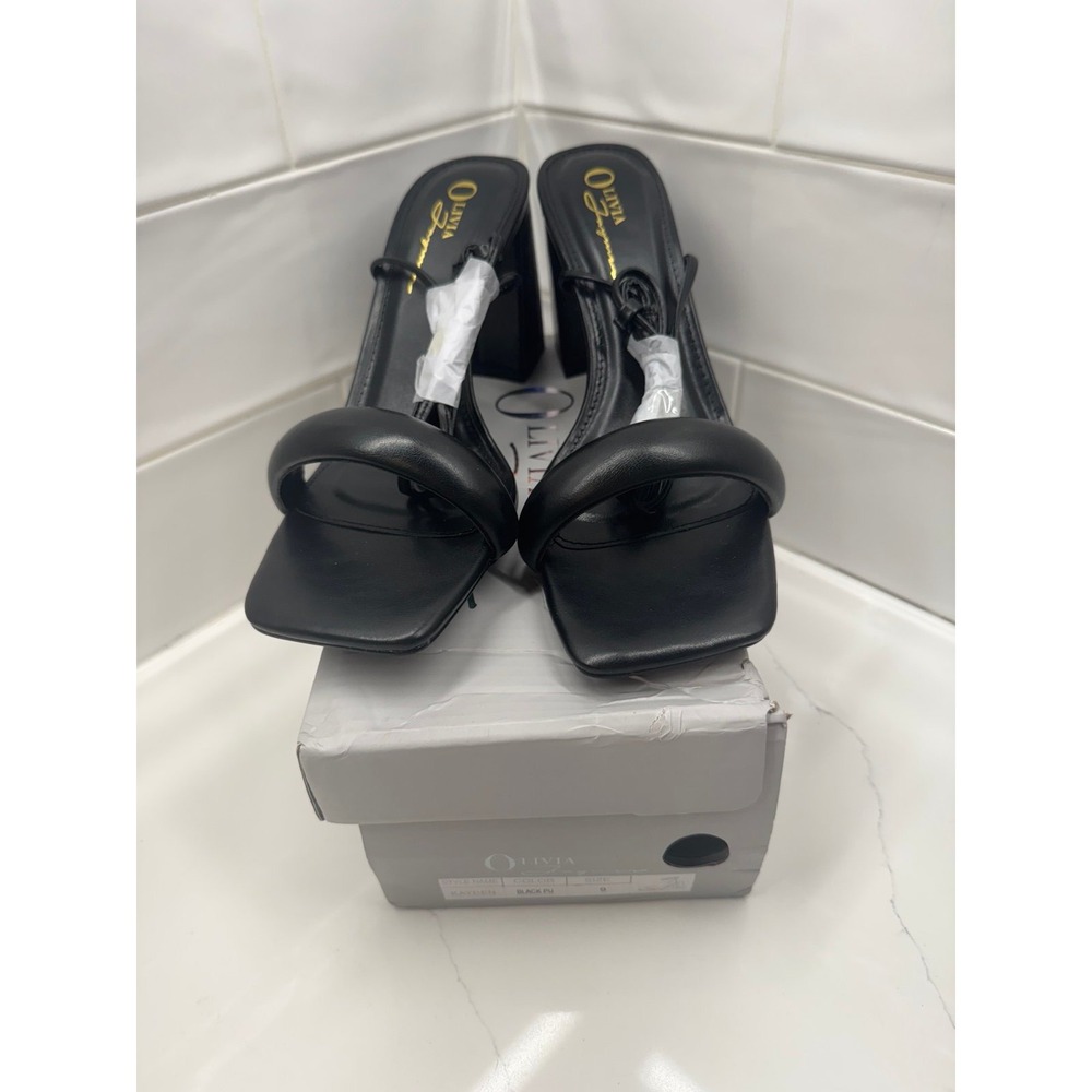 OLIVIA KAYDEN Black PU‎ Square Toe Block Heel Sandals Size 9
